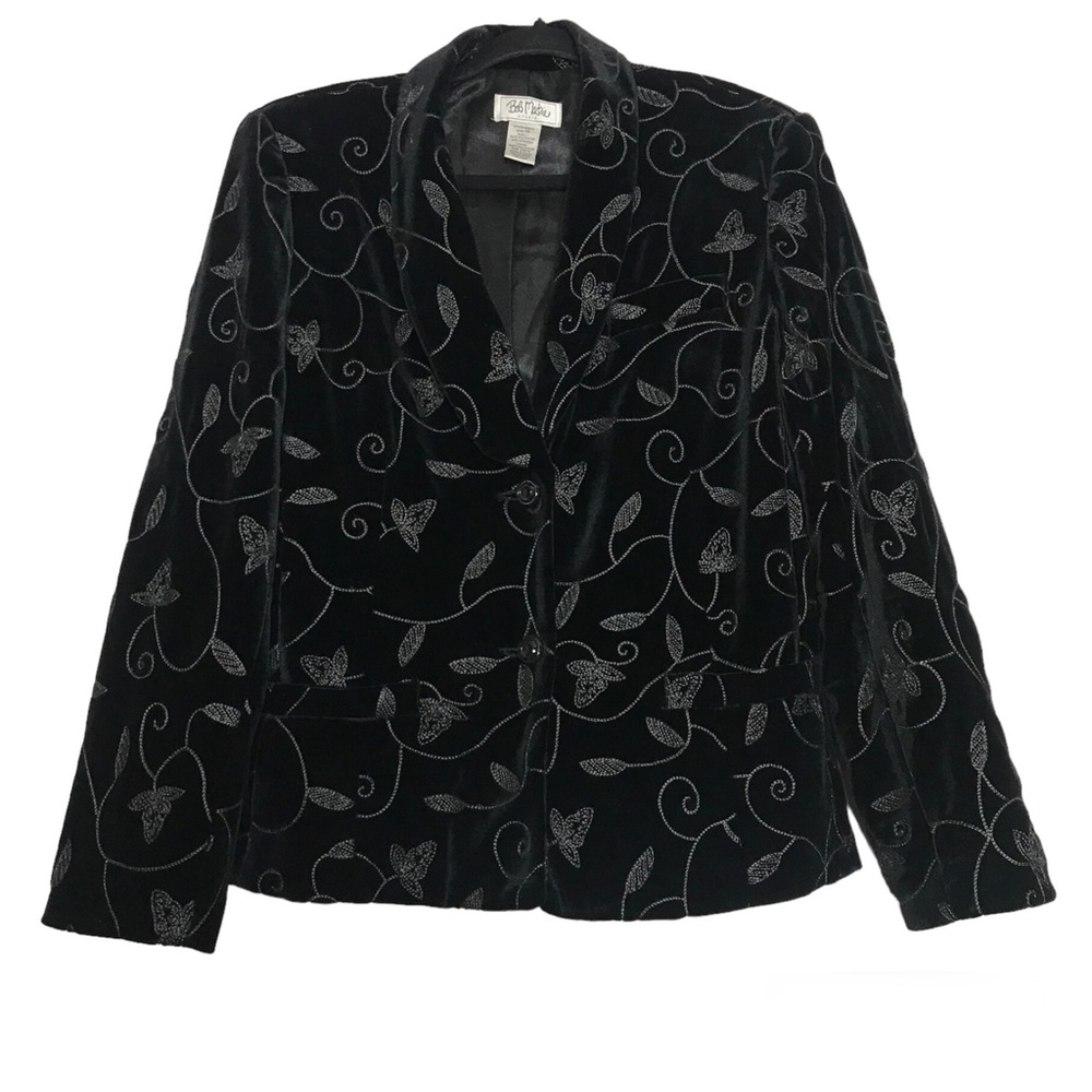 Bob Mackie Whimsigoth Velvet Black Floral Embroidered Blazer Women Size 14 Artsy